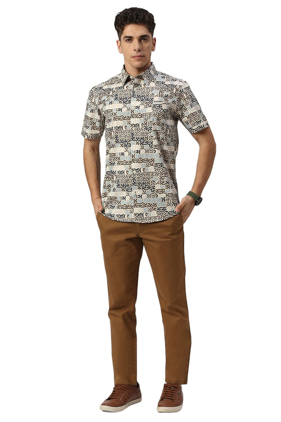 BASICS SLIM FIT BISCOTTI BROWN COTTON PRINTED HALFSLEEVES SHIRT