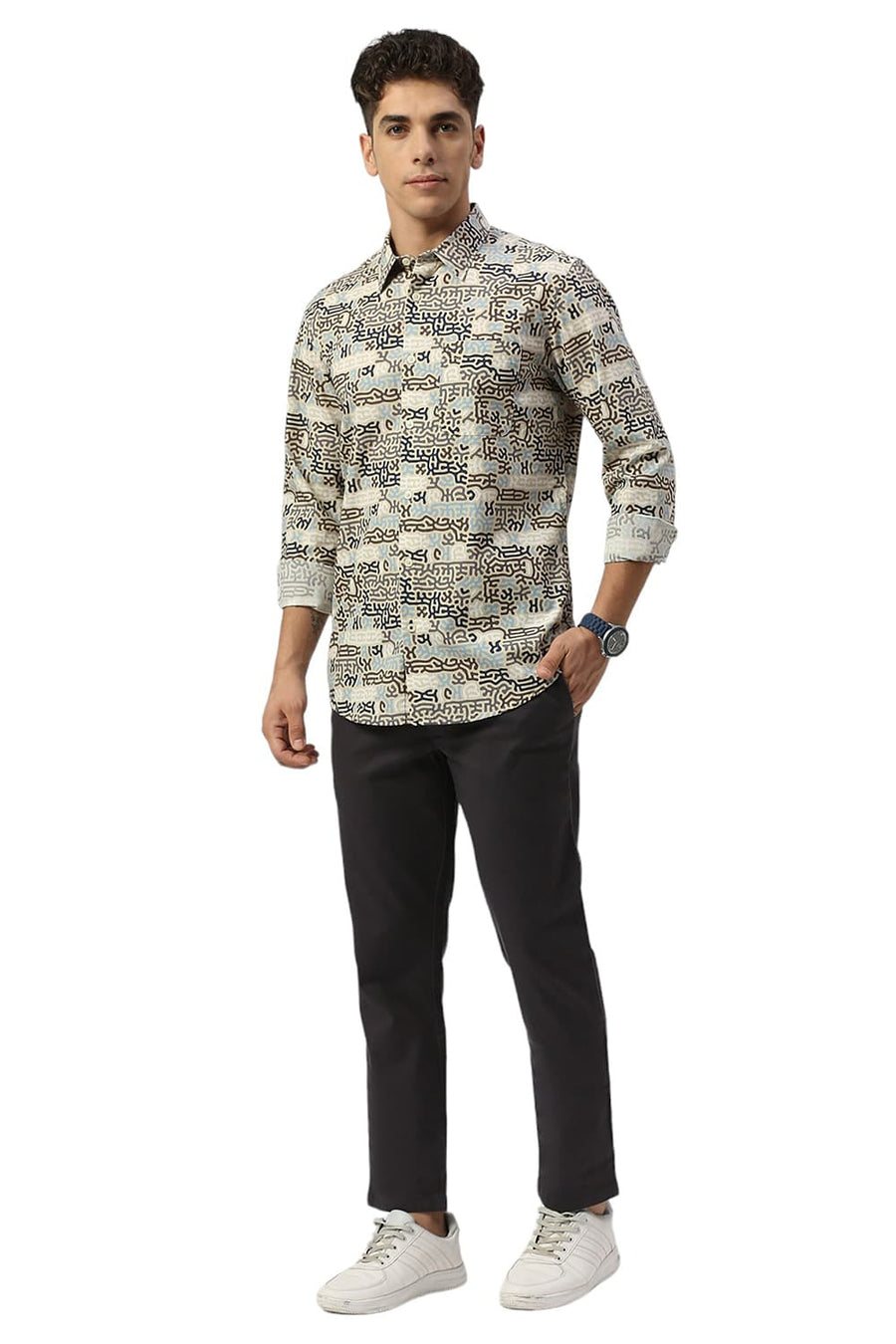 BASICS SLIM FIT BISCOTTI BROWN COTTON PRINTED SHIRT
