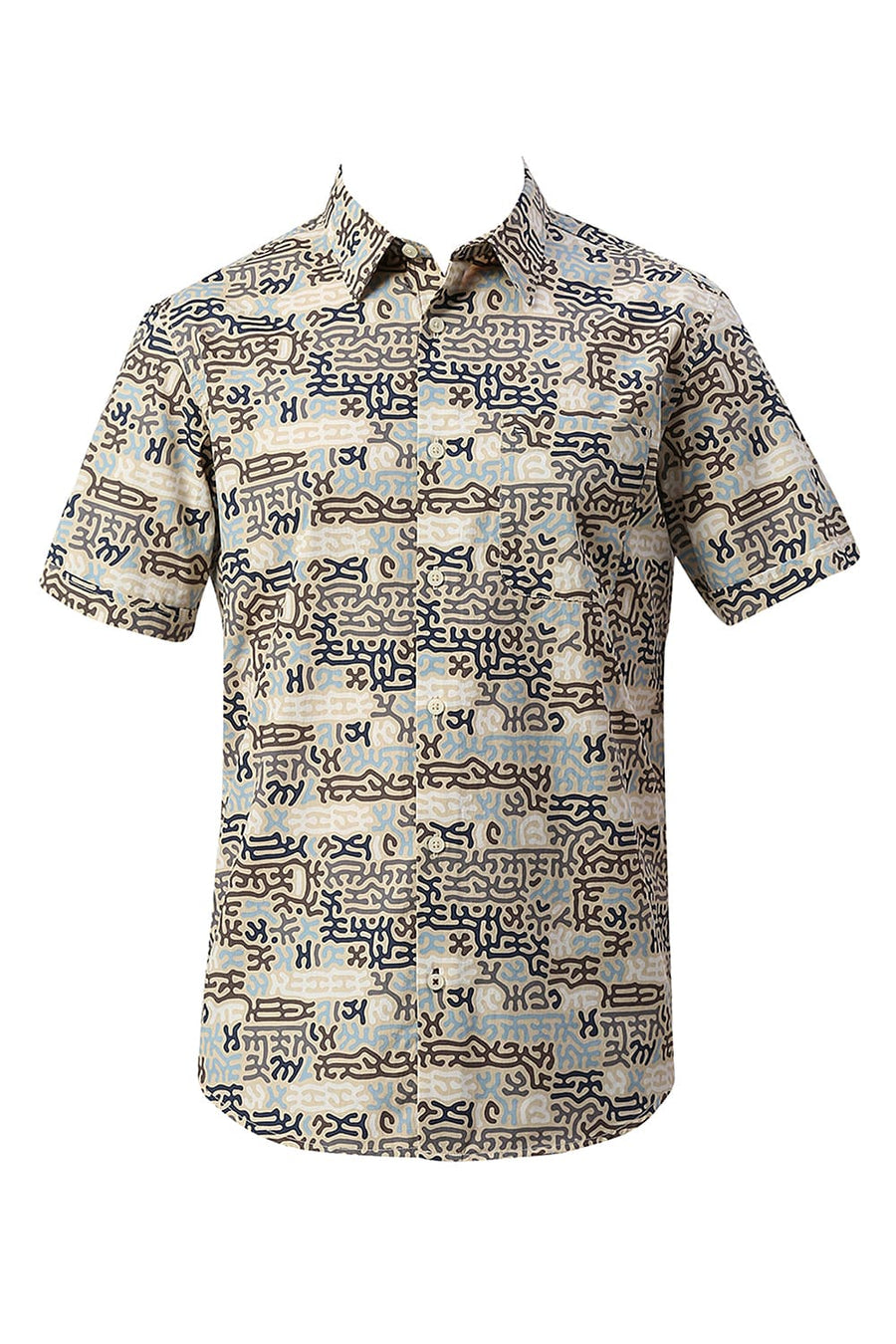 BASICS SLIM FIT BISCOTTI BROWN COTTON PRINTED HALFSLEEVES SHIRT