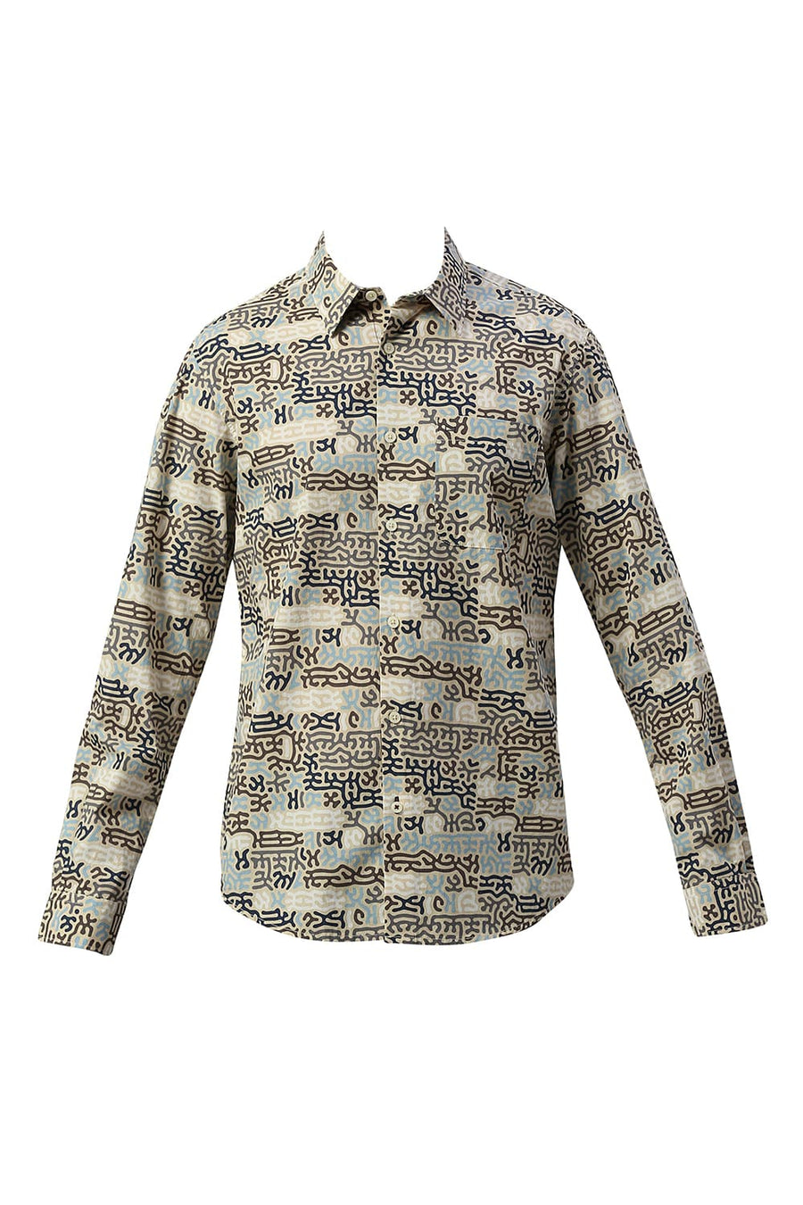 BASICS SLIM FIT BISCOTTI BROWN COTTON PRINTED SHIRT