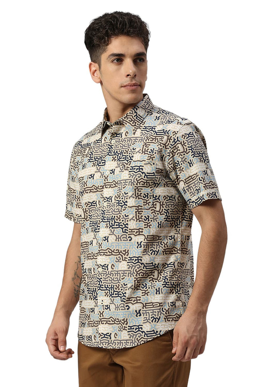 BASICS SLIM FIT BISCOTTI BROWN COTTON PRINTED HALFSLEEVES SHIRT