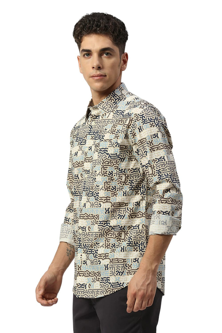 BASICS SLIM FIT BISCOTTI BROWN COTTON PRINTED SHIRT