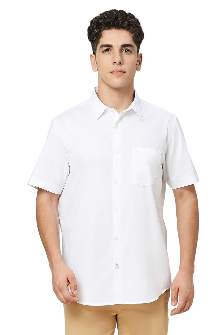 BASICS SLIM FIT BRIGHT WHITE COTTON OXFORD HALFSLEEVES SHIRT