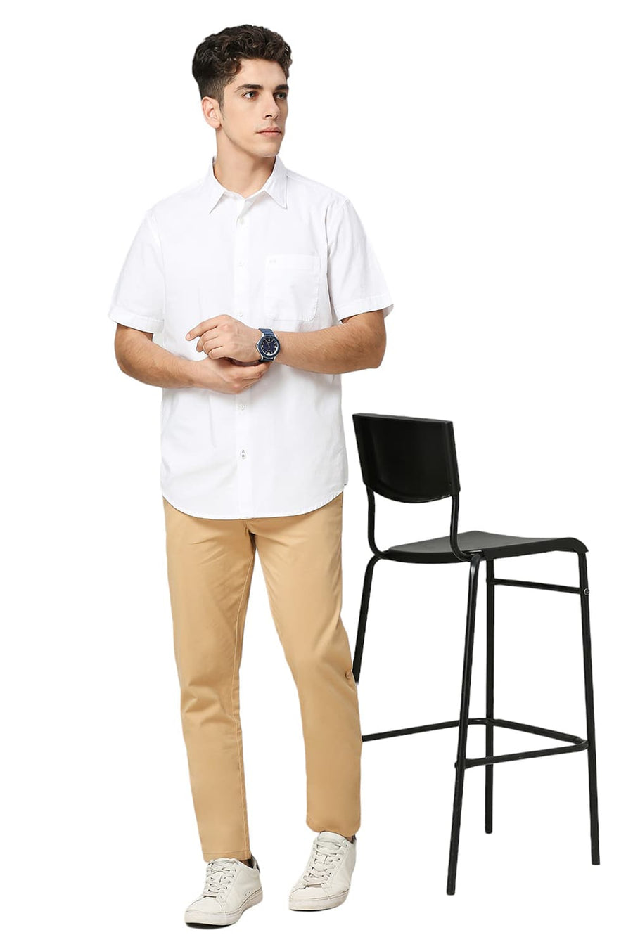BASICS SLIM FIT BRIGHT WHITE COTTON OXFORD HALFSLEEVES SHIRT