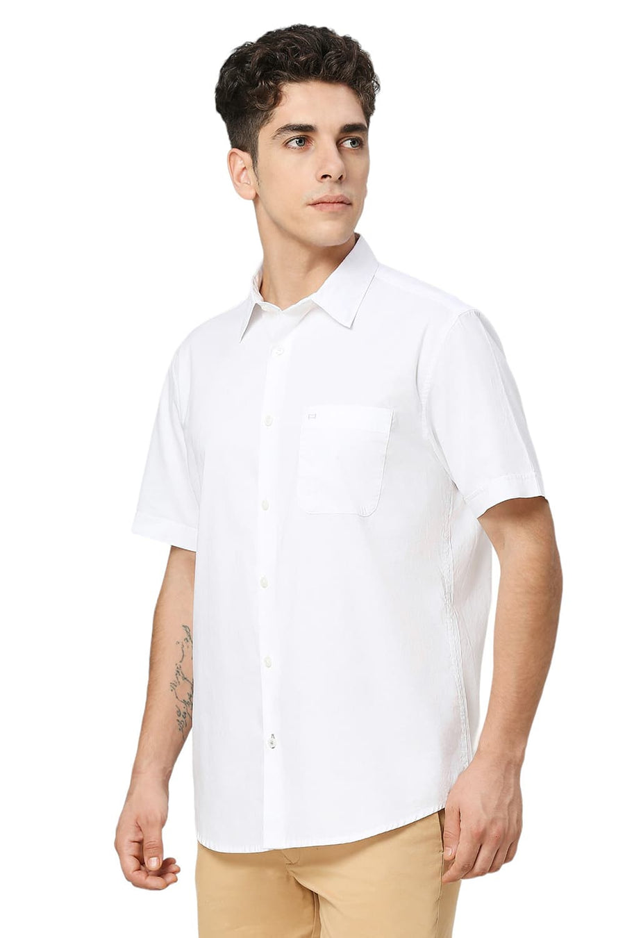 BASICS SLIM FIT BRIGHT WHITE COTTON OXFORD HALFSLEEVES SHIRT