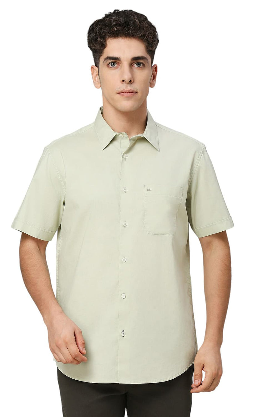 BASICS SLIM FIT GREEN TINT COTTON OXFORD HALFSLEEVES SHIRT