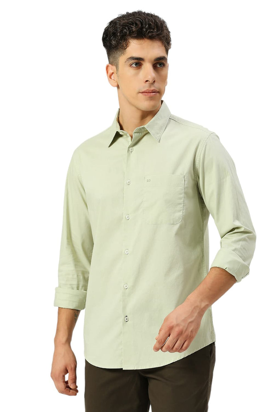 BASICS SLIM FIT GREEN TINT COTTON OXFORD SHIRT