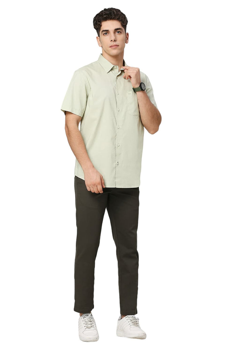 BASICS SLIM FIT GREEN TINT COTTON OXFORD HALFSLEEVES SHIRT