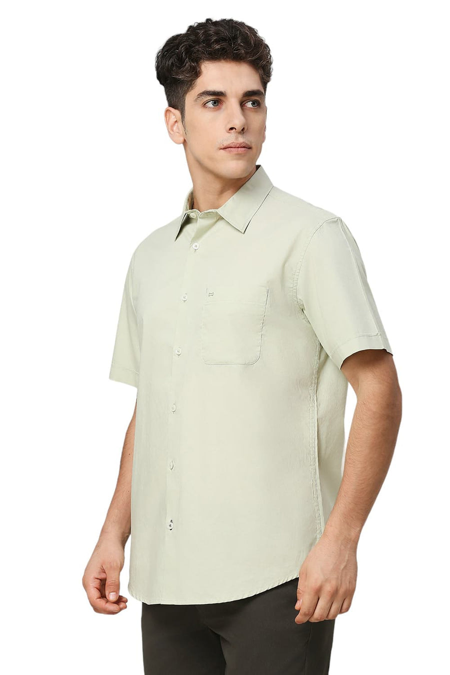 BASICS SLIM FIT GREEN TINT COTTON OXFORD HALFSLEEVES SHIRT