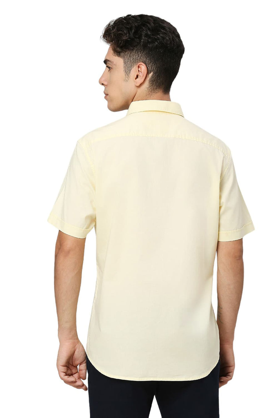 BASICS SLIM FIT PASTEL YELLOW COTTON OXFORD HALFSLEEVES SHIRT