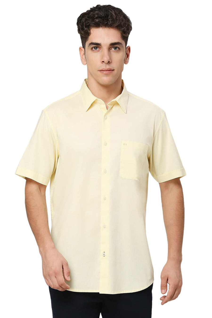 BASICS SLIM FIT PASTEL YELLOW COTTON OXFORD HALFSLEEVES SHIRT
