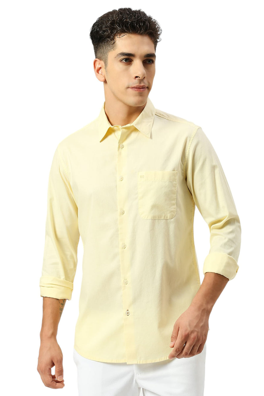 BASICS SLIM FIT PASTEL YELLOW COTTON OXFORD SHIRT