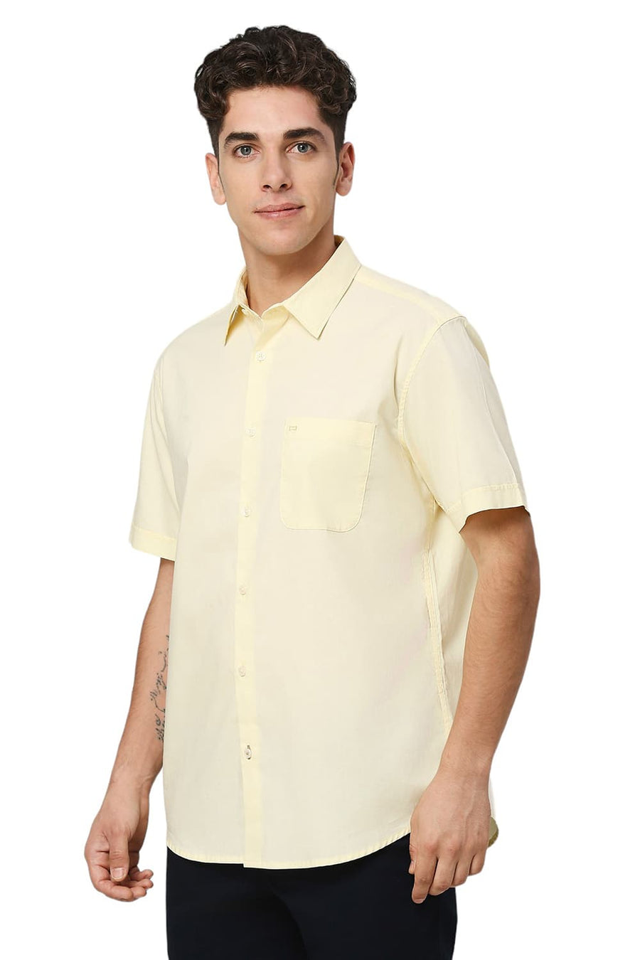 BASICS SLIM FIT PASTEL YELLOW COTTON OXFORD HALFSLEEVES SHIRT
