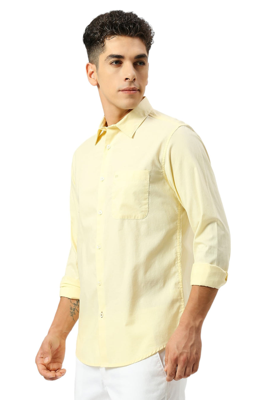 BASICS SLIM FIT PASTEL YELLOW COTTON OXFORD SHIRT