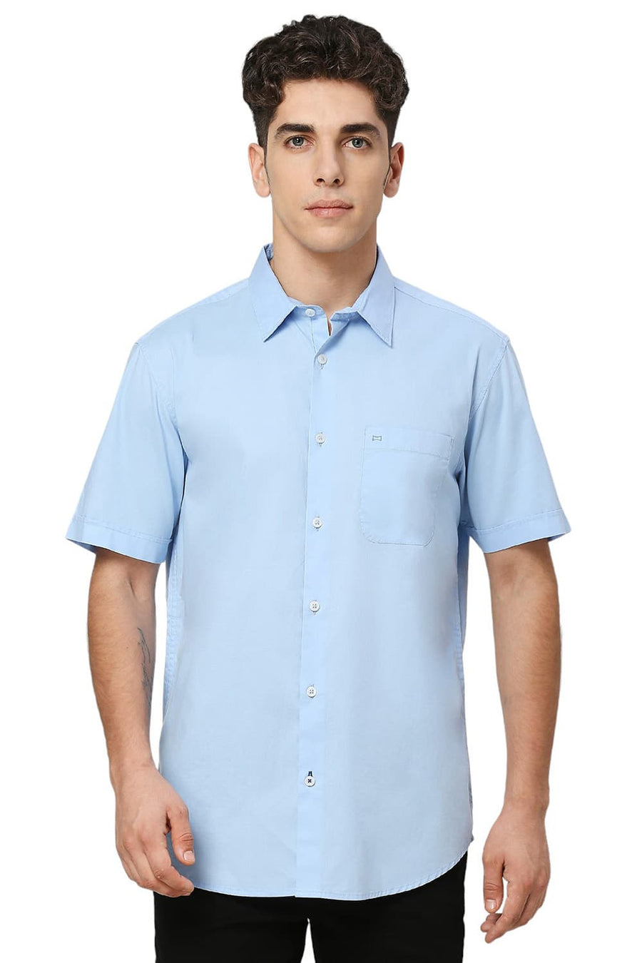 BASICS SLIM FIT SUMMER BLUE COTTON OXFORD HALFSLEEVES SHIRT