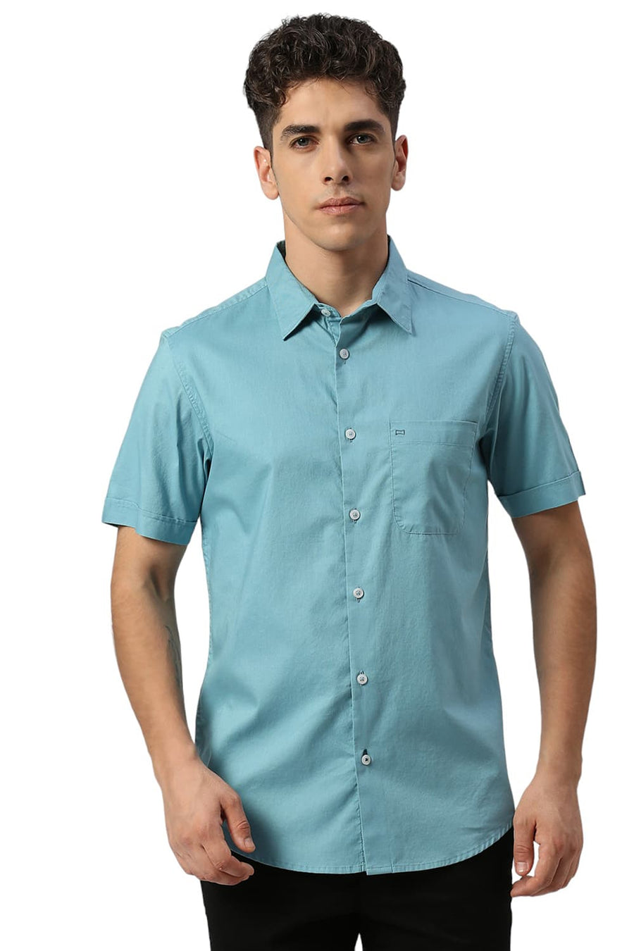 BASICS SLIM FIT REEF TEAL COTTON OXFORD HALFSLEEVES SHIRT