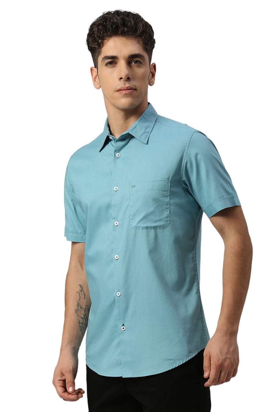 BASICS SLIM FIT REEF TEAL COTTON OXFORD HALFSLEEVES SHIRT