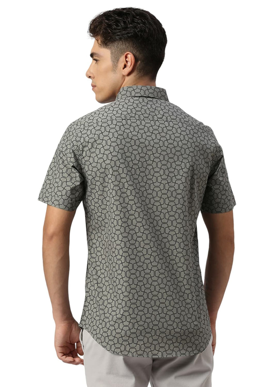 BASICS SLIM FIT SAGE OLIVE COTTON PRINTED HALFSLEEVES SHIRT