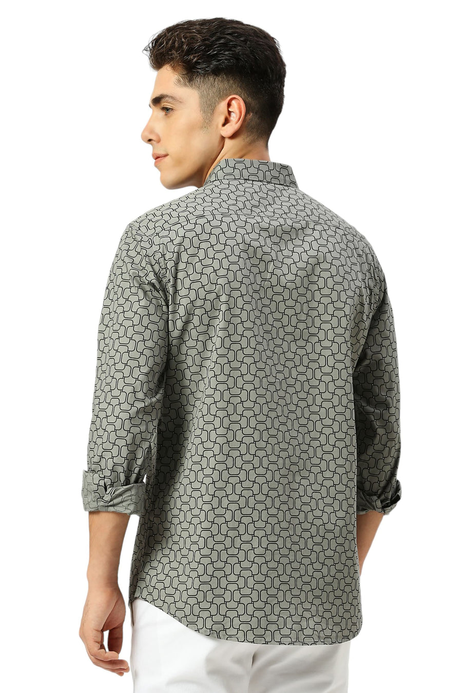 BASICS SLIM FIT SAGE OLIVE COTTON PRINTED SHIRT