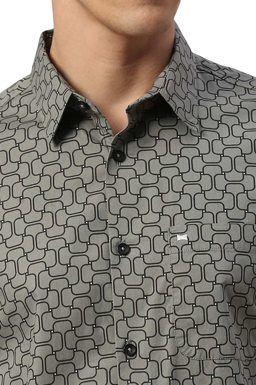 BASICS SLIM FIT SAGE OLIVE COTTON PRINTED HALFSLEEVES SHIRT