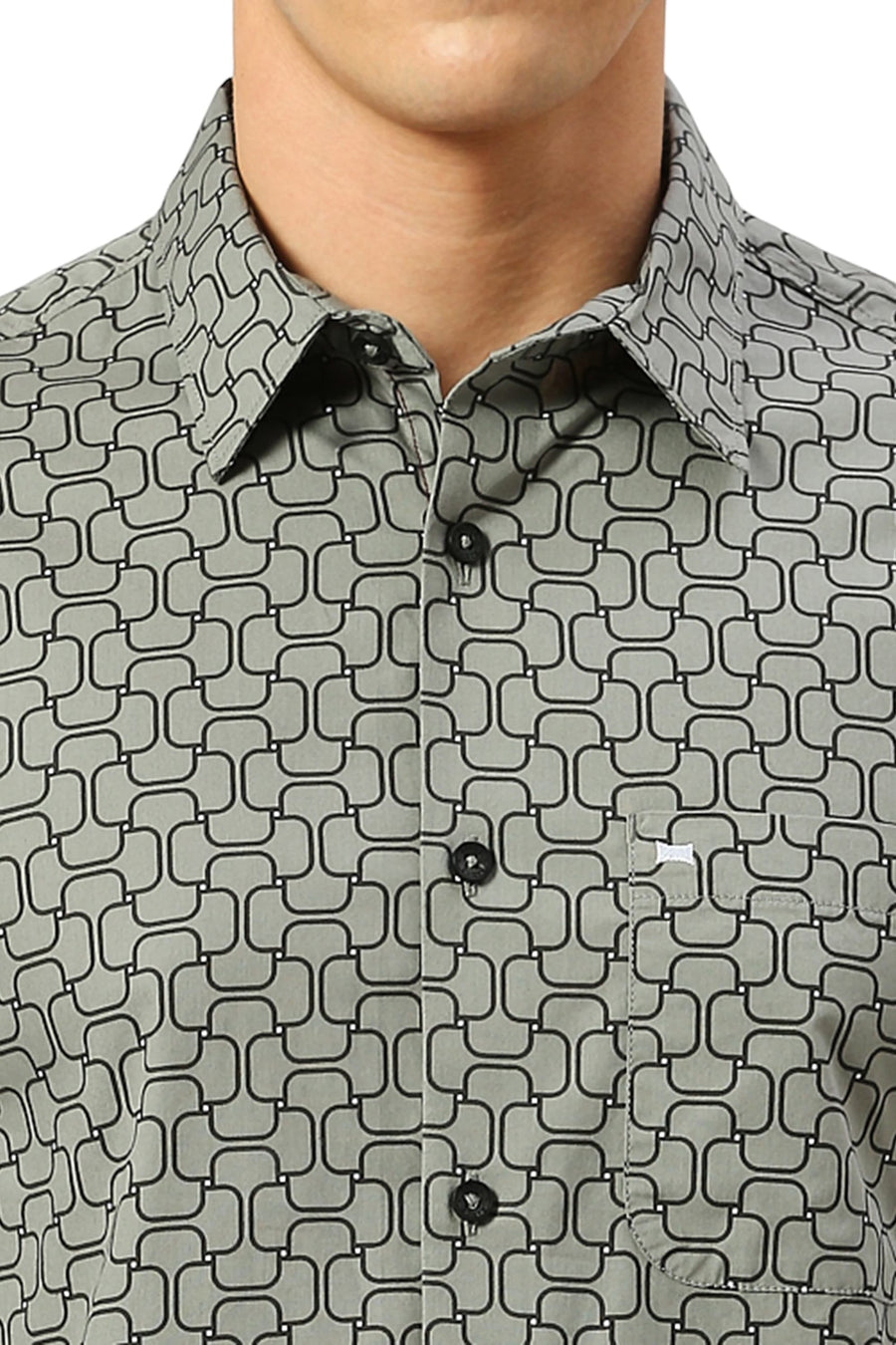 BASICS SLIM FIT SAGE OLIVE COTTON PRINTED SHIRT