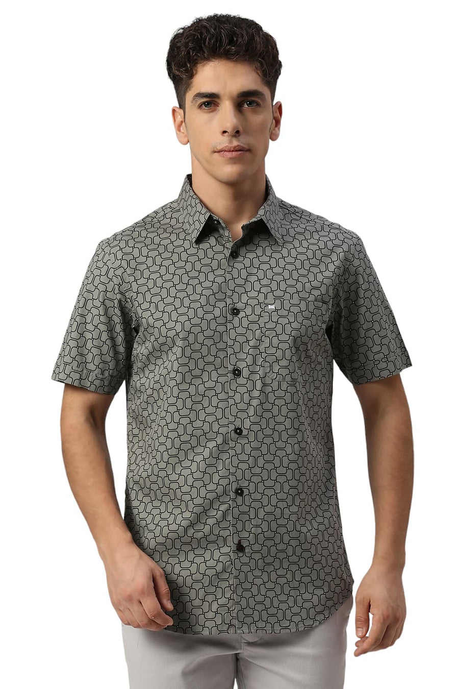 BASICS SLIM FIT SAGE OLIVE COTTON PRINTED HALFSLEEVES SHIRT