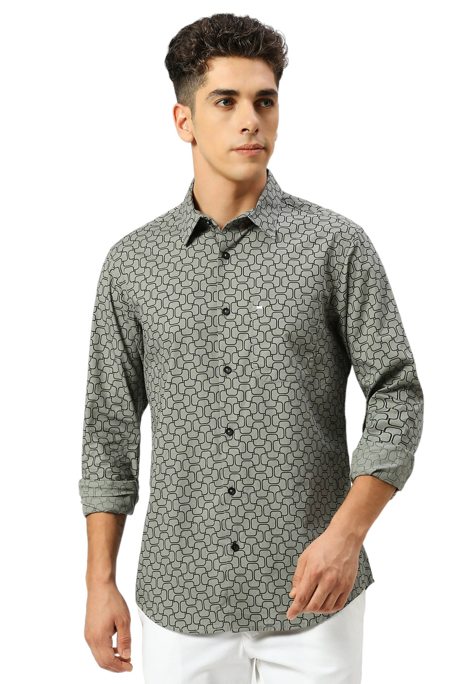BASICS SLIM FIT SAGE OLIVE COTTON PRINTED SHIRT