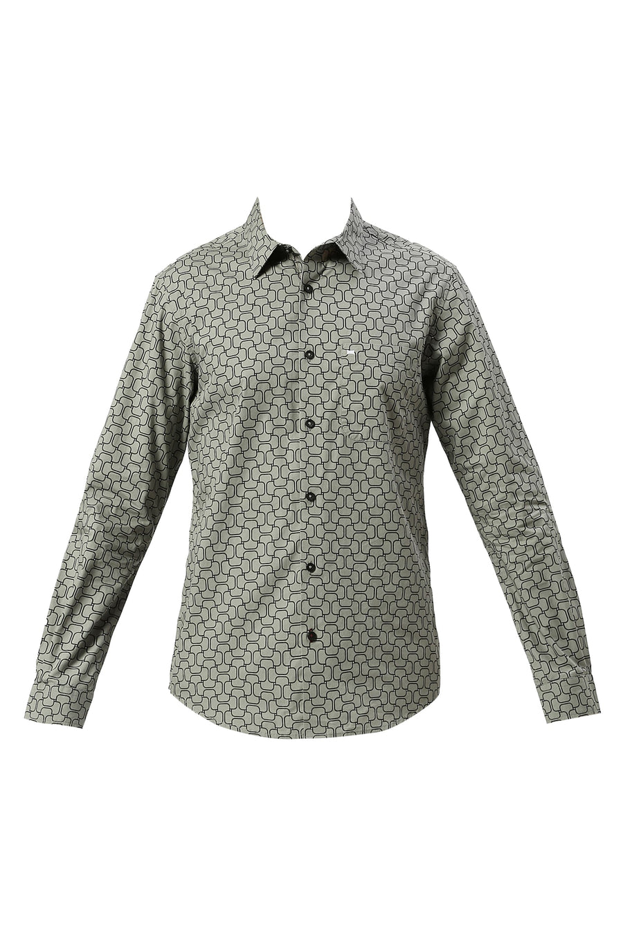 BASICS SLIM FIT SAGE OLIVE COTTON PRINTED SHIRT