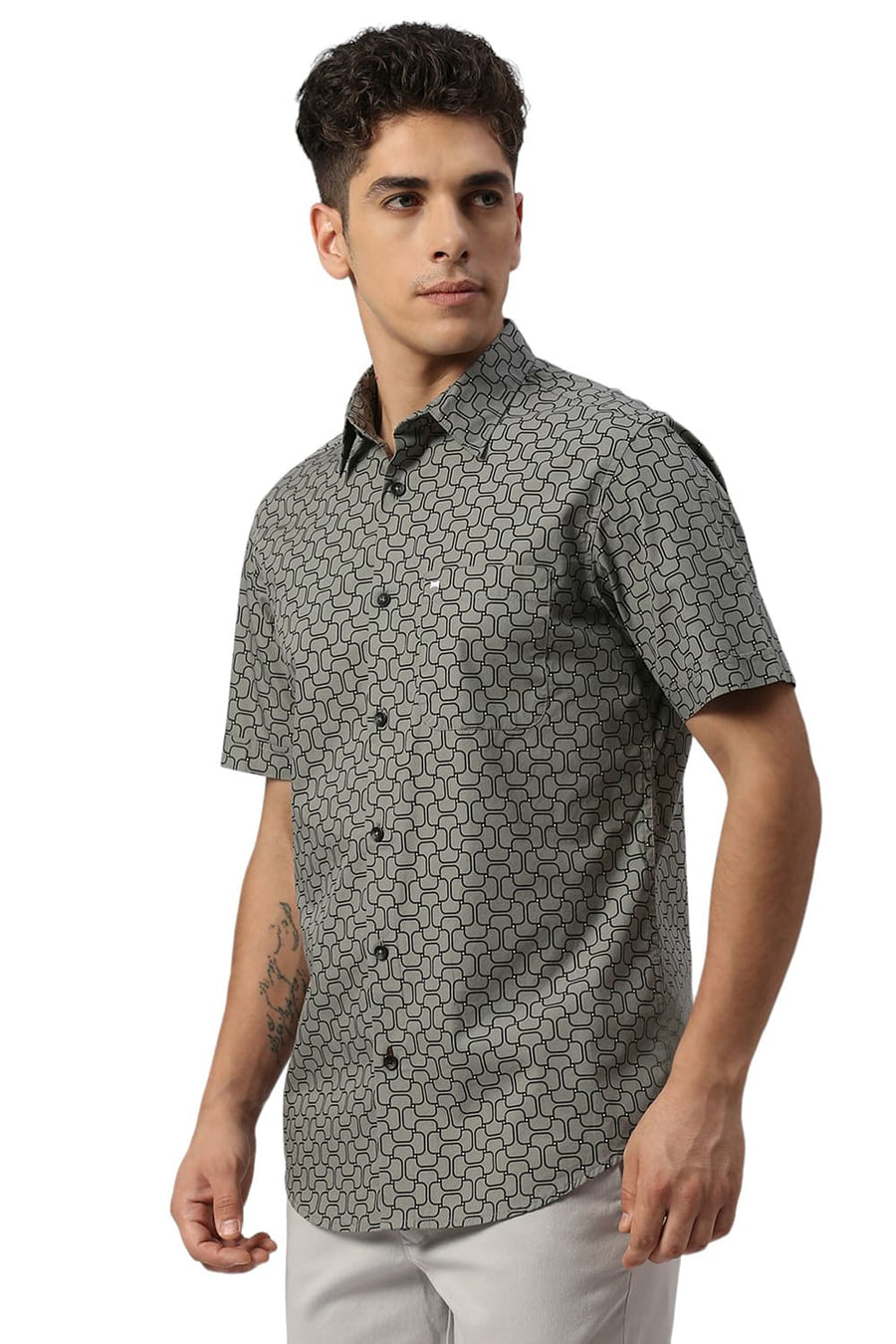 BASICS SLIM FIT SAGE OLIVE COTTON PRINTED HALFSLEEVES SHIRT