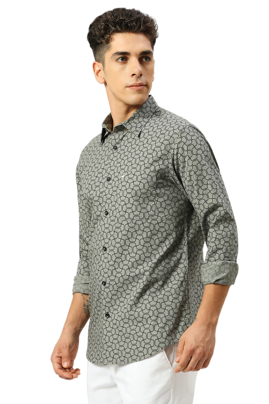 BASICS SLIM FIT SAGE OLIVE COTTON PRINTED SHIRT