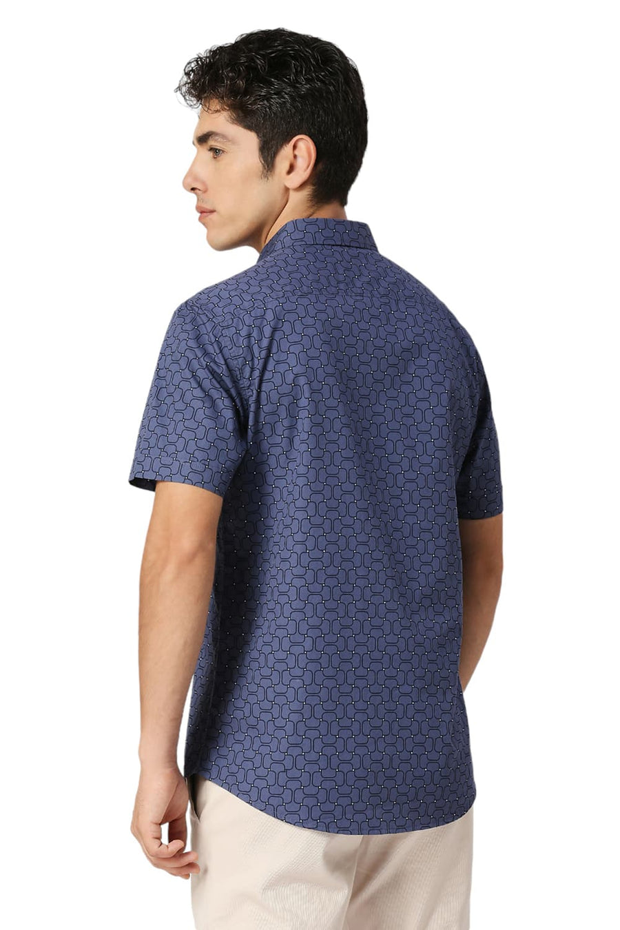 BASICS SLIM FIT BLUE INDIGO COTTON PRINTED HALFSLEEVES SHIRT