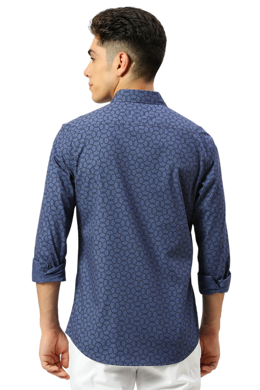BASICS SLIM FIT BLUE INDIGO COTTON PRINTED SHIRT
