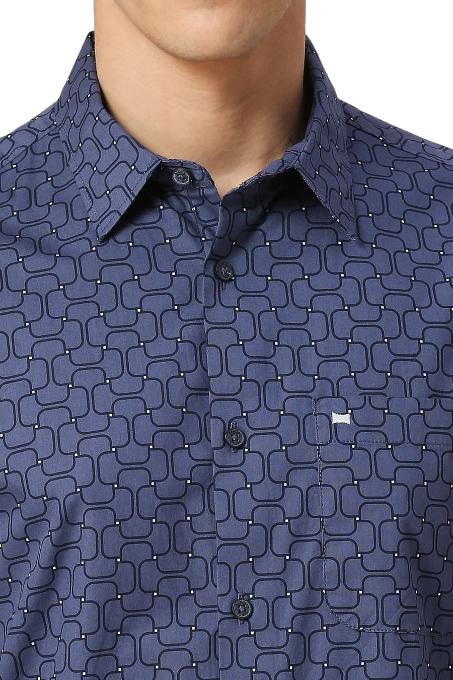 BASICS SLIM FIT BLUE INDIGO COTTON PRINTED HALFSLEEVES SHIRT