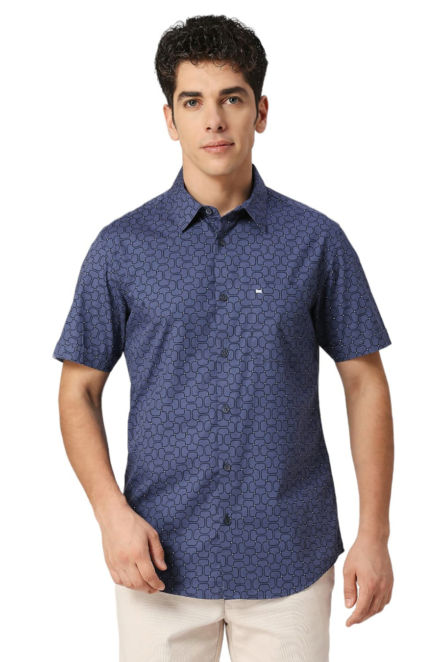 BASICS SLIM FIT BLUE INDIGO COTTON PRINTED HALFSLEEVES SHIRT