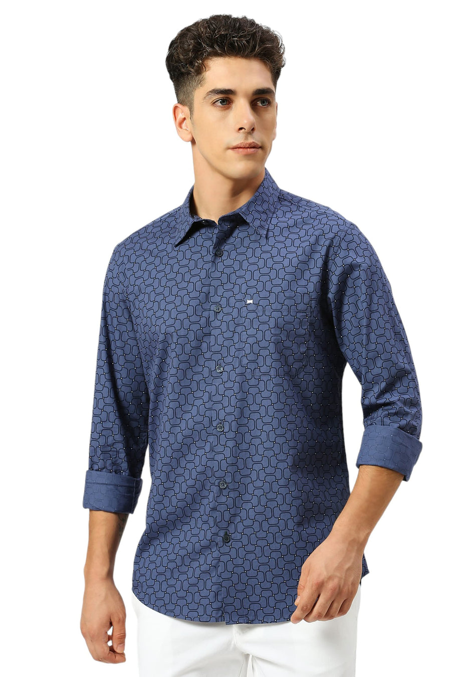 BASICS SLIM FIT BLUE INDIGO COTTON PRINTED SHIRT