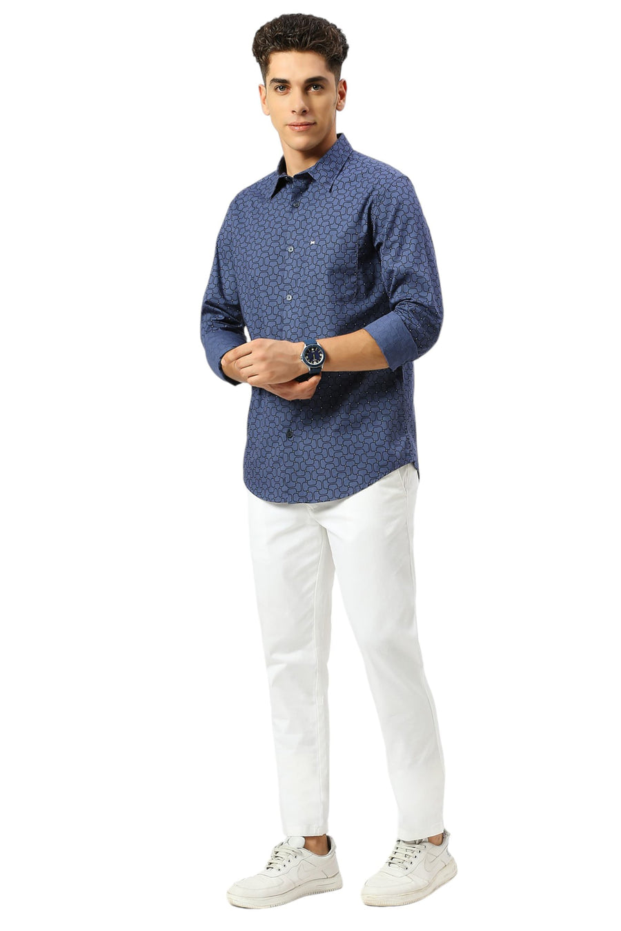 BASICS SLIM FIT BLUE INDIGO COTTON PRINTED SHIRT