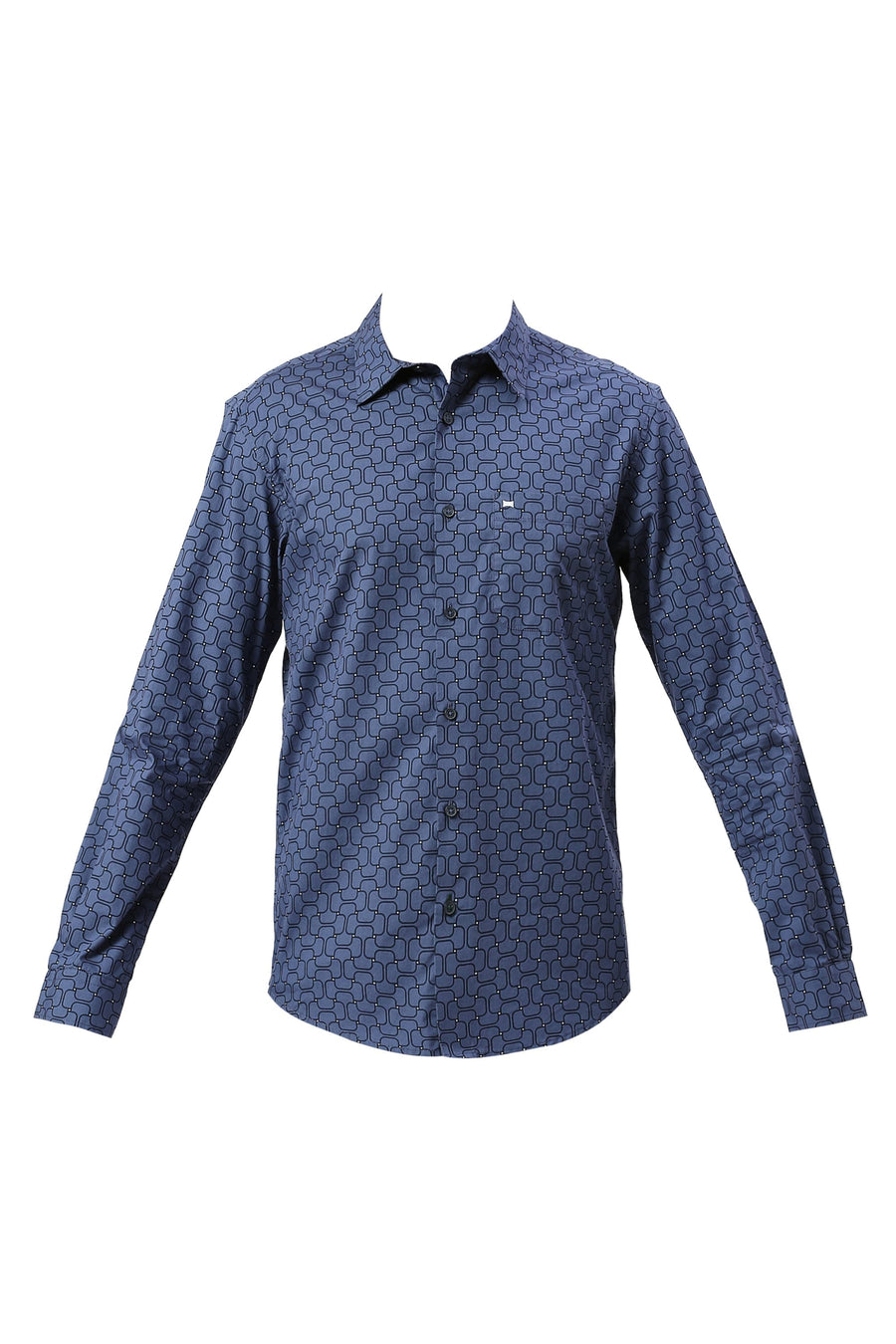BASICS SLIM FIT BLUE INDIGO COTTON PRINTED SHIRT