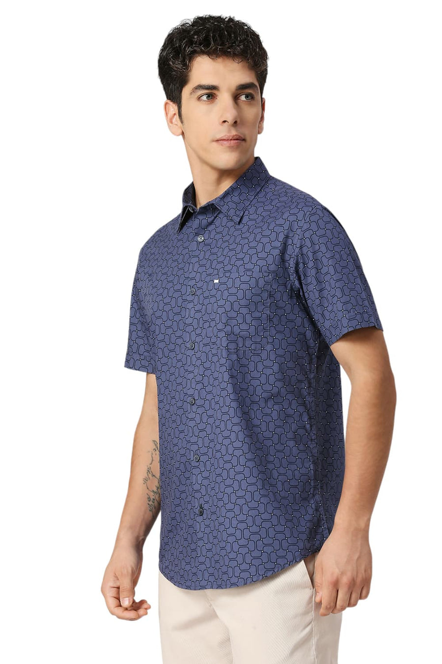 BASICS SLIM FIT BLUE INDIGO COTTON PRINTED HALFSLEEVES SHIRT