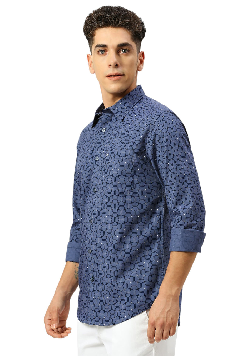 BASICS SLIM FIT BLUE INDIGO COTTON PRINTED SHIRT
