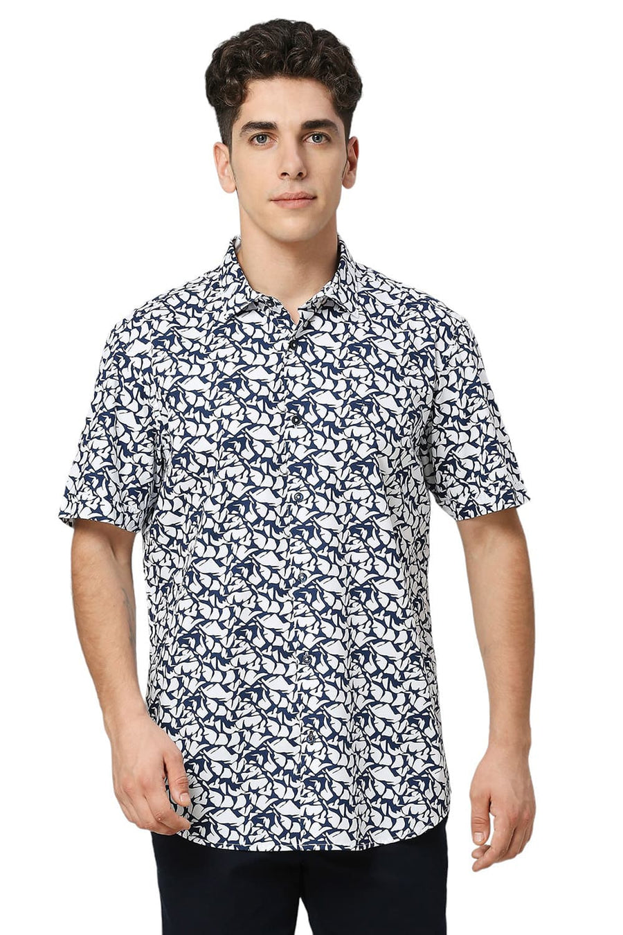 BASICS SLIM FIT LUCENT WHITE COTTON PRINTED HALFSLEEVES SHIRT