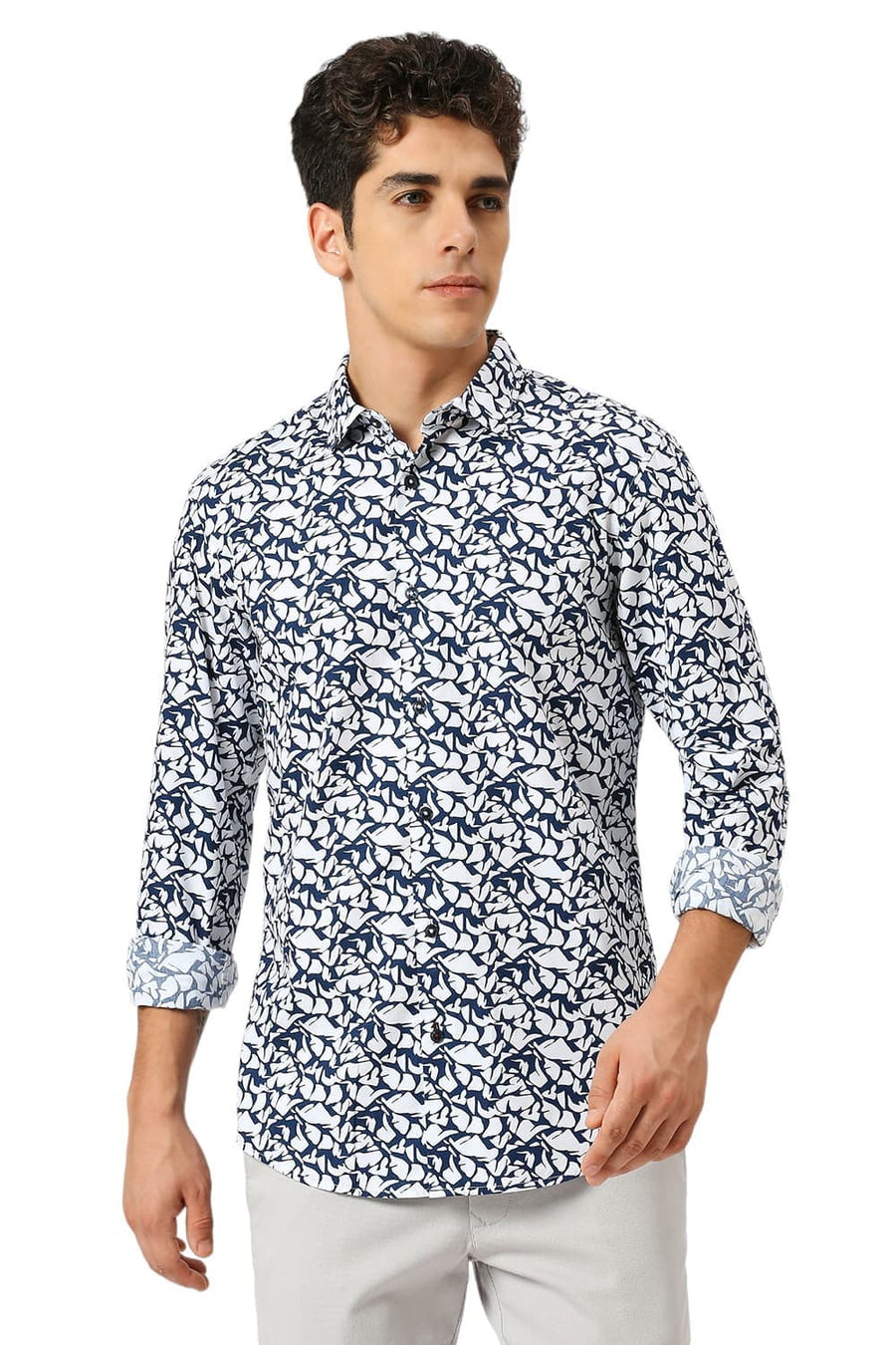 BASICS SLIM FIT LUCENT WHITE COTTON PRINTED SHIRT