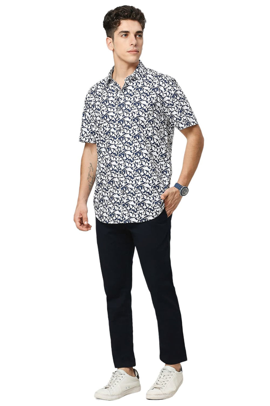 BASICS SLIM FIT LUCENT WHITE COTTON PRINTED HALFSLEEVES SHIRT