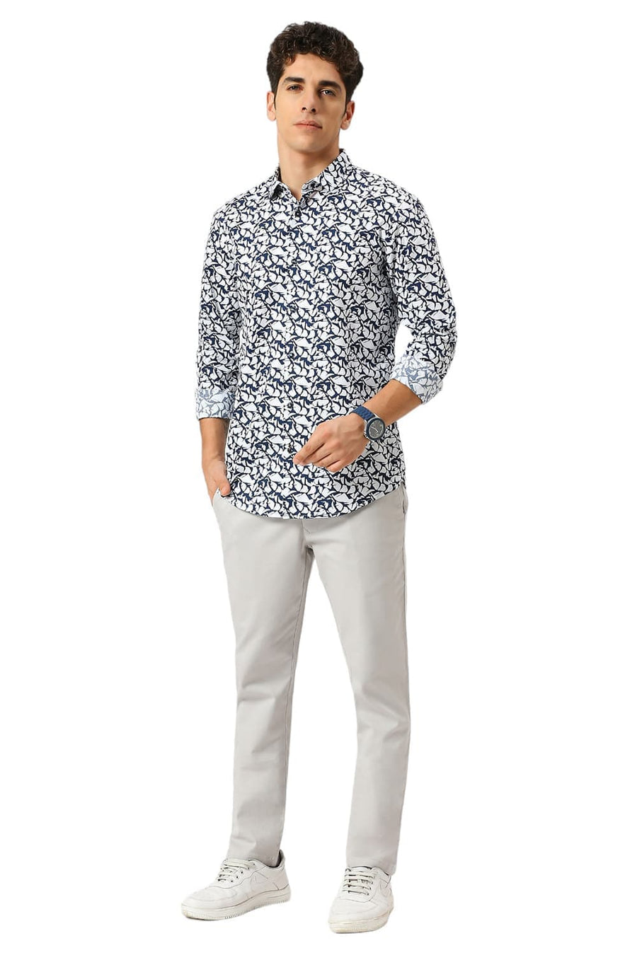 BASICS SLIM FIT LUCENT WHITE COTTON PRINTED SHIRT