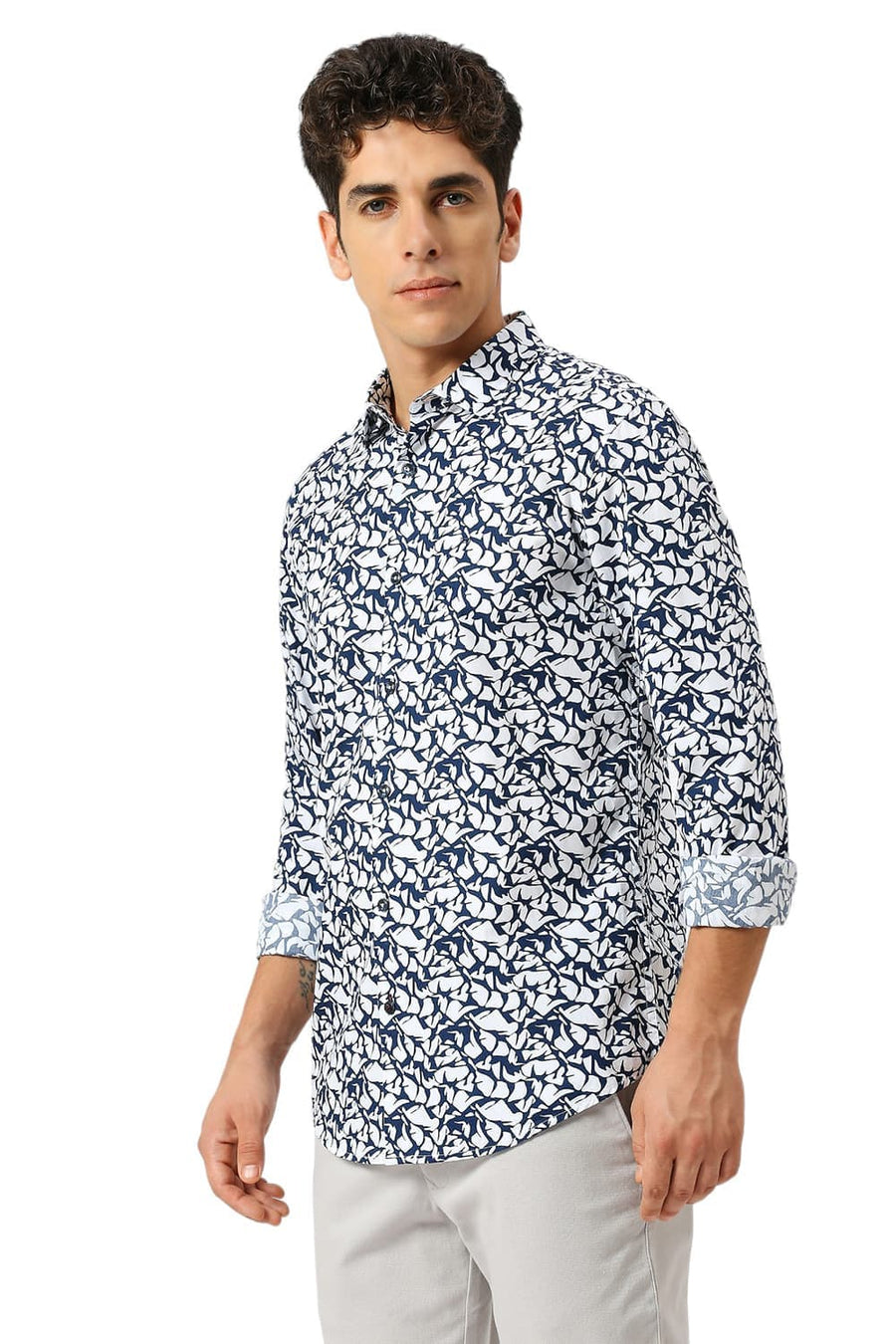 BASICS SLIM FIT LUCENT WHITE COTTON PRINTED SHIRT