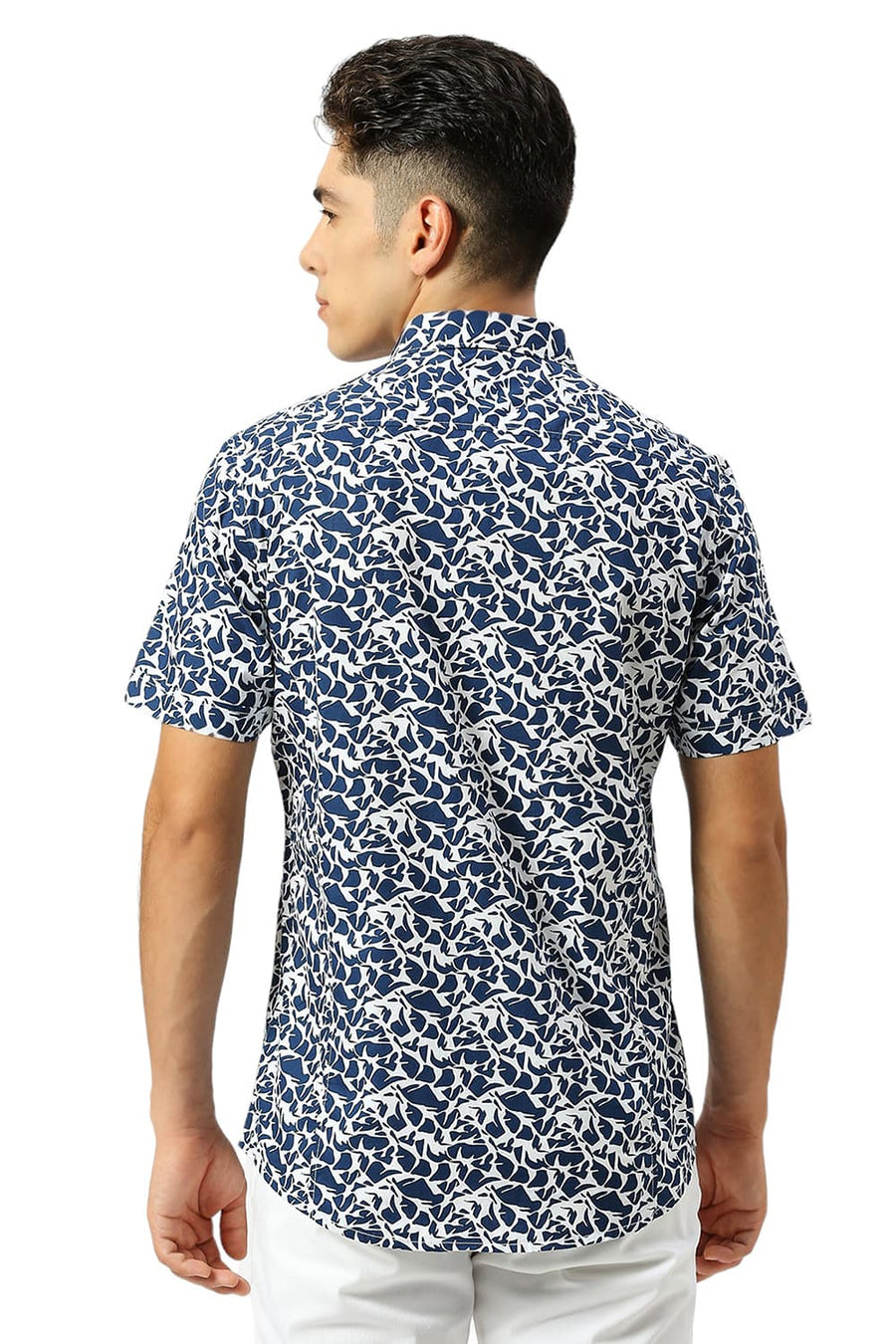 BASICS SLIM FIT TITAN BLUE COTTON PRINTED HALFSLEEVES SHIRT