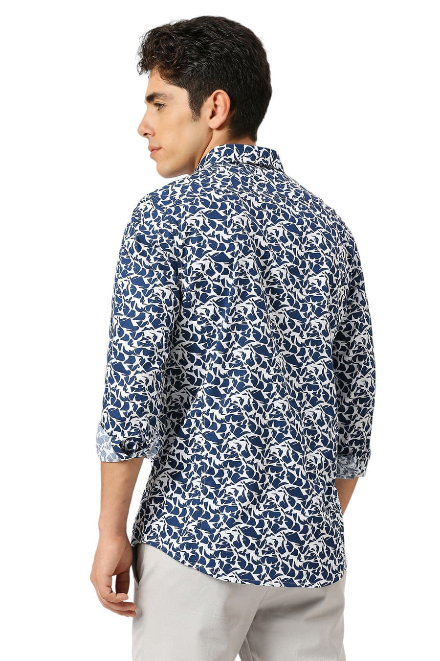 BASICS SLIM FIT TITAN BLUE COTTON PRINTED SHIRT