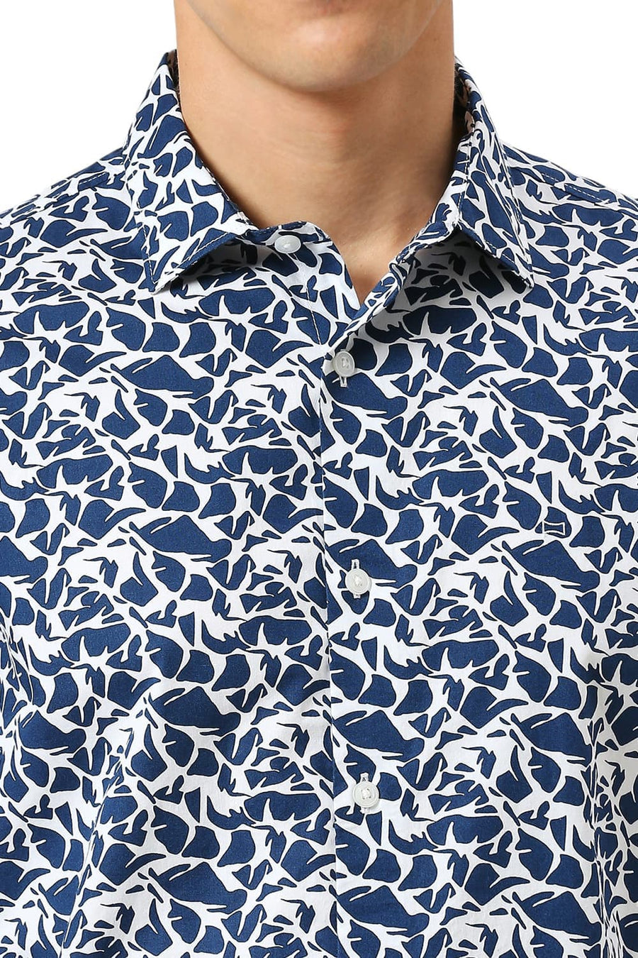 BASICS SLIM FIT TITAN BLUE COTTON PRINTED SHIRT