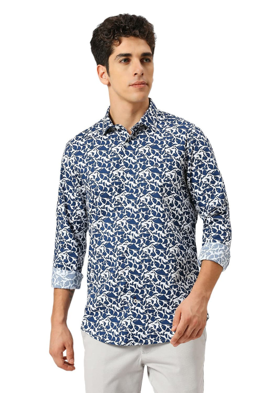 BASICS SLIM FIT TITAN BLUE COTTON PRINTED SHIRT
