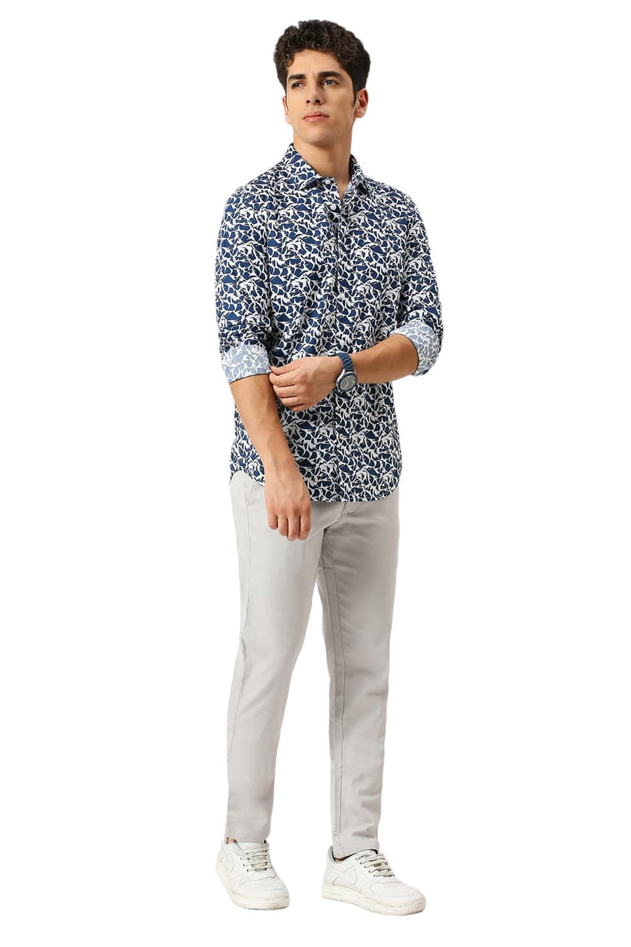 BASICS SLIM FIT TITAN BLUE COTTON PRINTED SHIRT