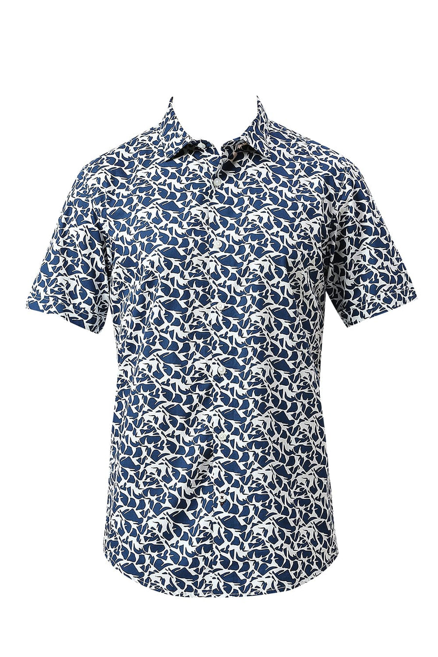 BASICS SLIM FIT TITAN BLUE COTTON PRINTED HALFSLEEVES SHIRT